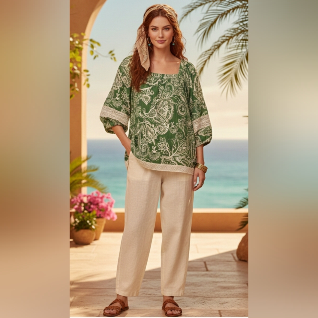Nicole Miller Paisley Embroidered Linen Blend Square Neck Blouse 1x Green Cream